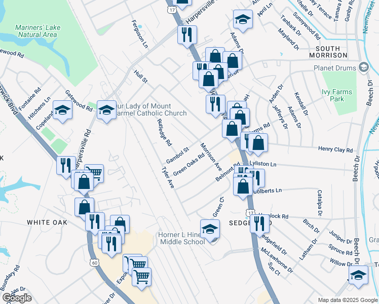 map of restaurants, bars, coffee shops, grocery stores, and more near 103 Pescara Lane in Newport News