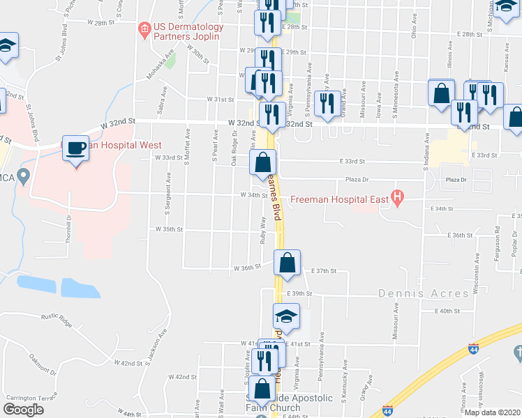 map of restaurants, bars, coffee shops, grocery stores, and more near 3414 Ruby Way in Joplin