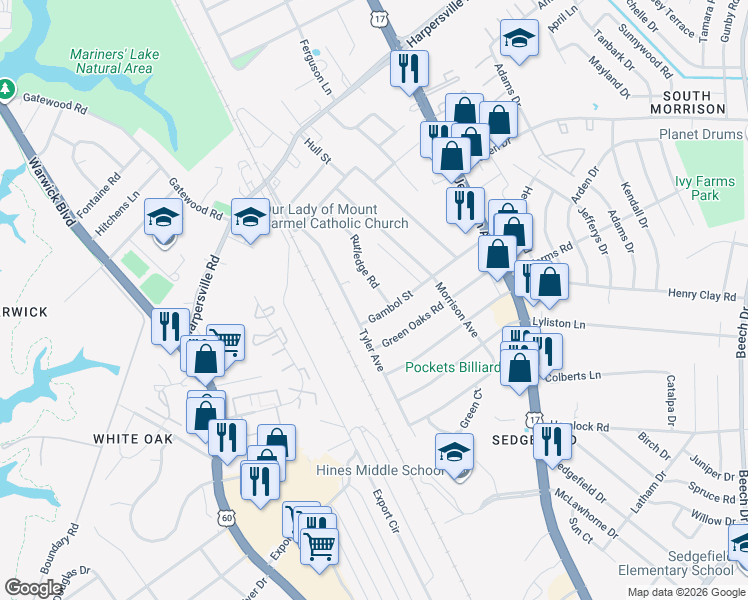 map of restaurants, bars, coffee shops, grocery stores, and more near 27 Rutledge Road in Newport News