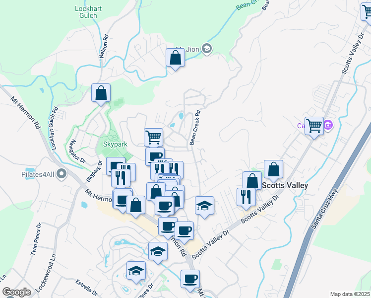 map of restaurants, bars, coffee shops, grocery stores, and more near 552 Bean Creek Road in Scotts Valley