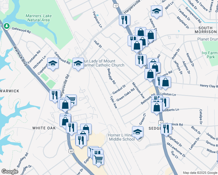 map of restaurants, bars, coffee shops, grocery stores, and more near 27 Rutledge Road in Newport News