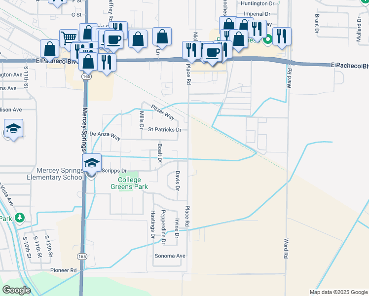 map of restaurants, bars, coffee shops, grocery stores, and more near 1867 Place Road in Los Banos