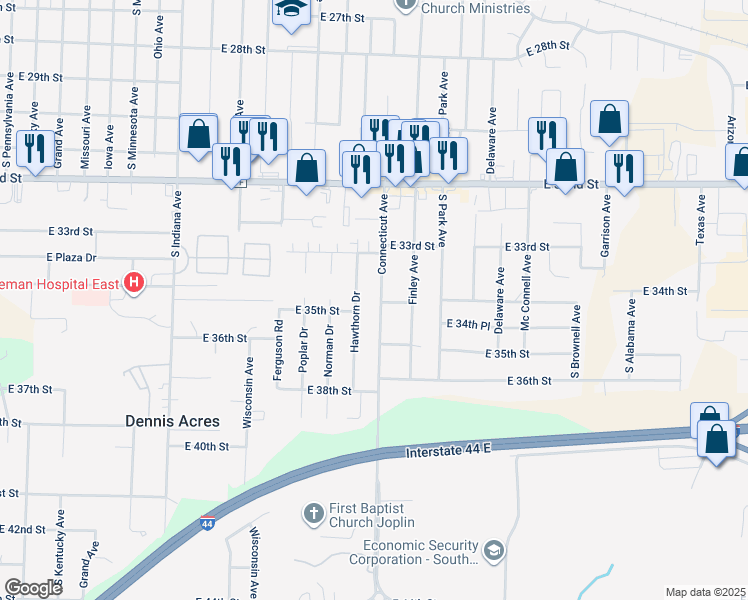 map of restaurants, bars, coffee shops, grocery stores, and more near 3412 Connecticut Avenue in Joplin