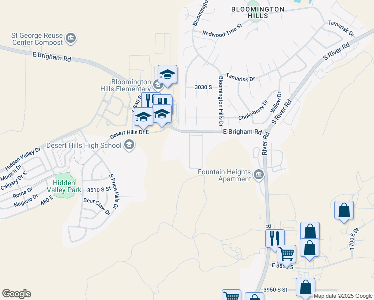map of restaurants, bars, coffee shops, grocery stores, and more near 1050 East Brigham Road in St. George
