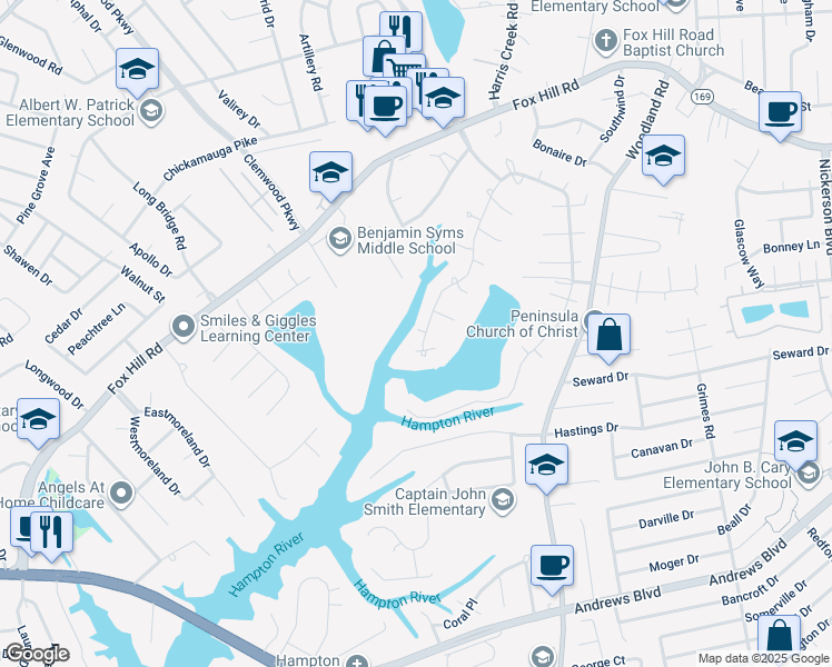 map of restaurants, bars, coffee shops, grocery stores, and more near 522 Elizabeth Lake Drive in Hampton
