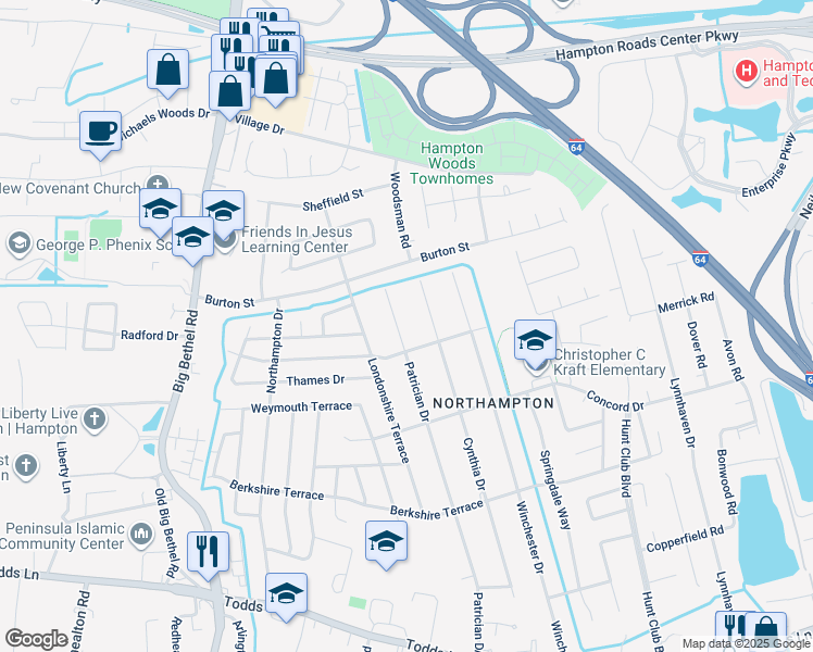 map of restaurants, bars, coffee shops, grocery stores, and more near 406 Patrician Drive in Hampton