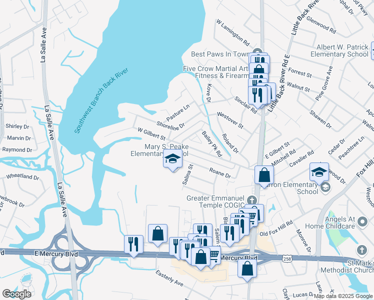 map of restaurants, bars, coffee shops, grocery stores, and more near 255 West Gilbert Street in Hampton