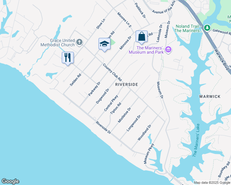 map of restaurants, bars, coffee shops, grocery stores, and more near 203 Central Parkway in Newport News