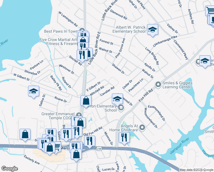 map of restaurants, bars, coffee shops, grocery stores, and more near 36 Mitchell Road in Hampton
