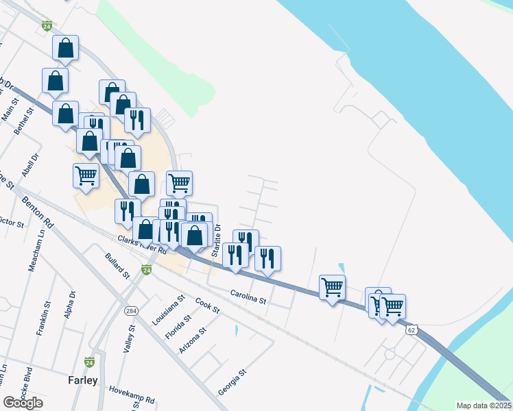 map of restaurants, bars, coffee shops, grocery stores, and more near Country Aire X in Paducah