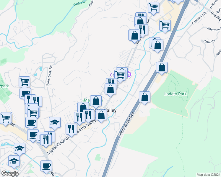 map of restaurants, bars, coffee shops, grocery stores, and more near 10 Siri Lane in Scotts Valley