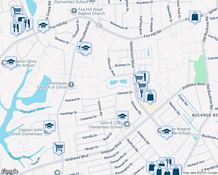map of restaurants, bars, coffee shops, grocery stores, and more near 174 Loch Circle in Hampton