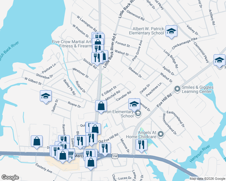 map of restaurants, bars, coffee shops, grocery stores, and more near 21 East Gilbert Street in Hampton