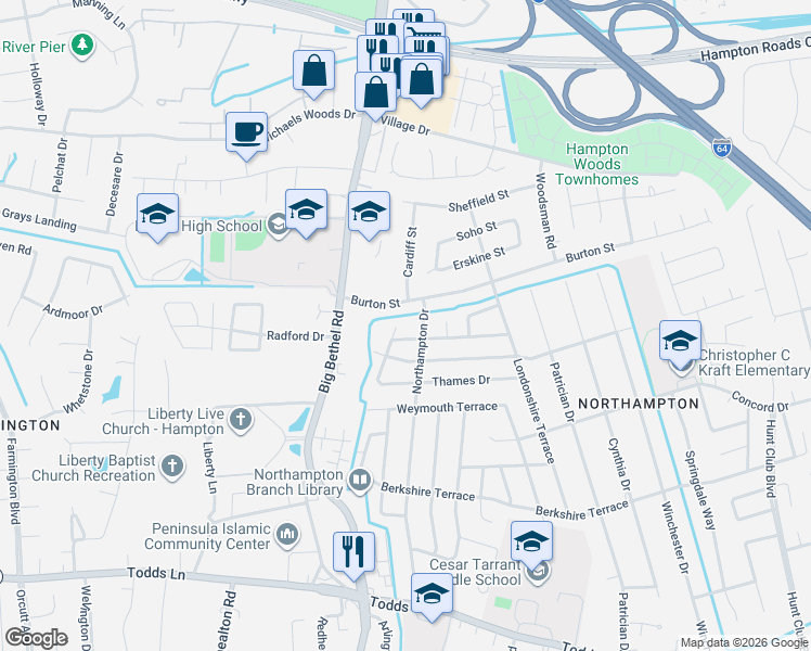 map of restaurants, bars, coffee shops, grocery stores, and more near 829 Burton Street in Hampton