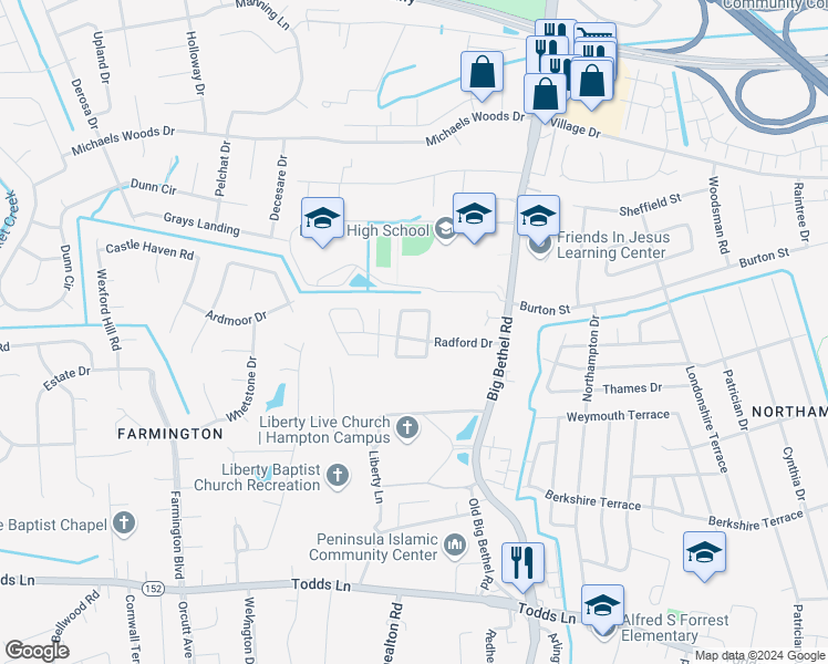 map of restaurants, bars, coffee shops, grocery stores, and more near 2-98 Dane Ct in Hampton