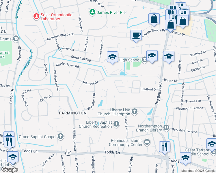 map of restaurants, bars, coffee shops, grocery stores, and more near 3 Millwood Court in Hampton