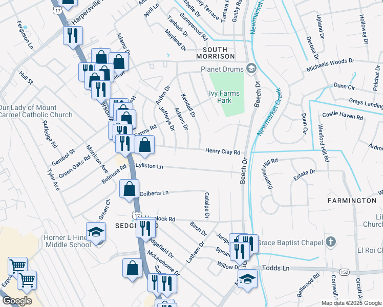 map of restaurants, bars, coffee shops, grocery stores, and more near 103 Kendall Drive in Newport News