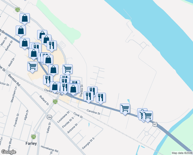 map of restaurants, bars, coffee shops, grocery stores, and more near Country Aire X in Paducah