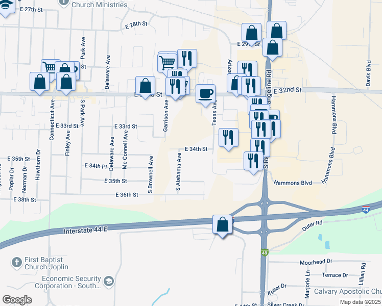map of restaurants, bars, coffee shops, grocery stores, and more near 2639 East 34th Street in Joplin
