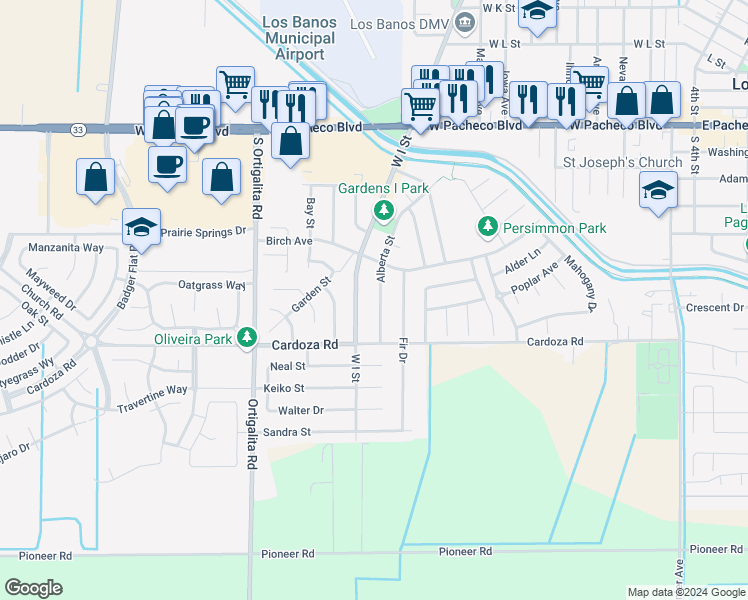 map of restaurants, bars, coffee shops, grocery stores, and more near 1631 Alberta Street in Los Banos