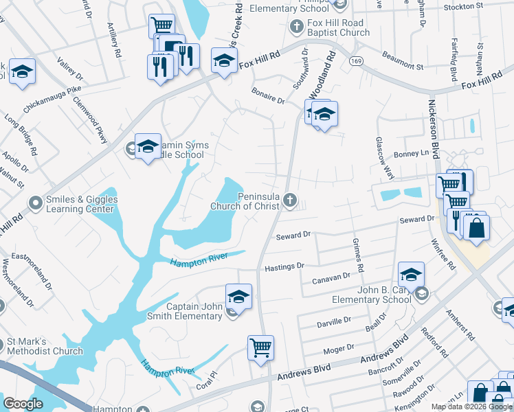 map of restaurants, bars, coffee shops, grocery stores, and more near 347 Gunston Hall Court in Hampton