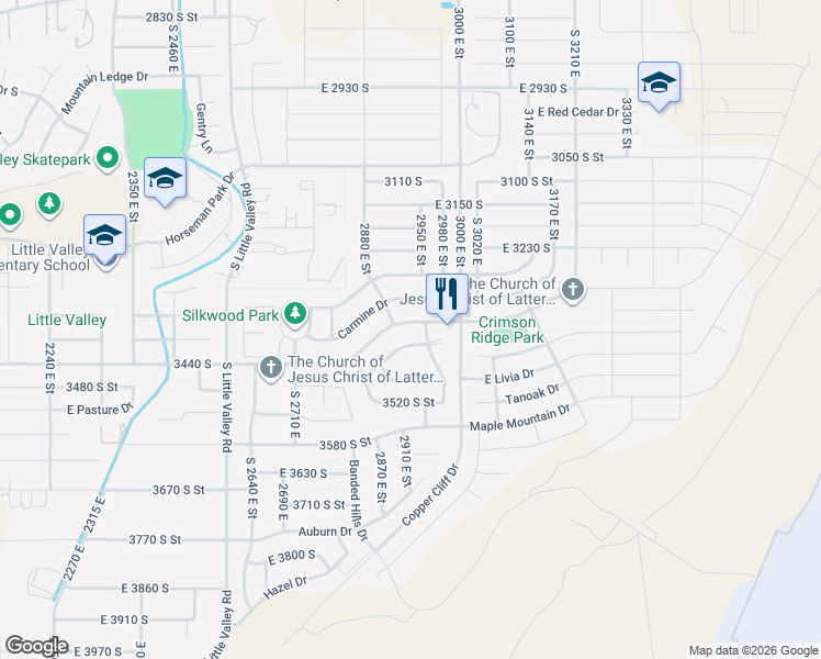 map of restaurants, bars, coffee shops, grocery stores, and more near 2932 East Crimson Ridge Drive in St. George