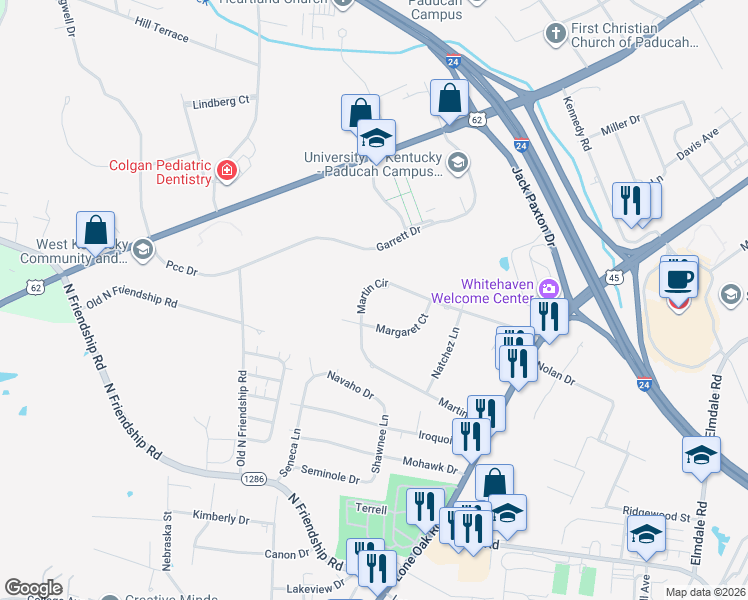 map of restaurants, bars, coffee shops, grocery stores, and more near 36 Martin Cir in Paducah