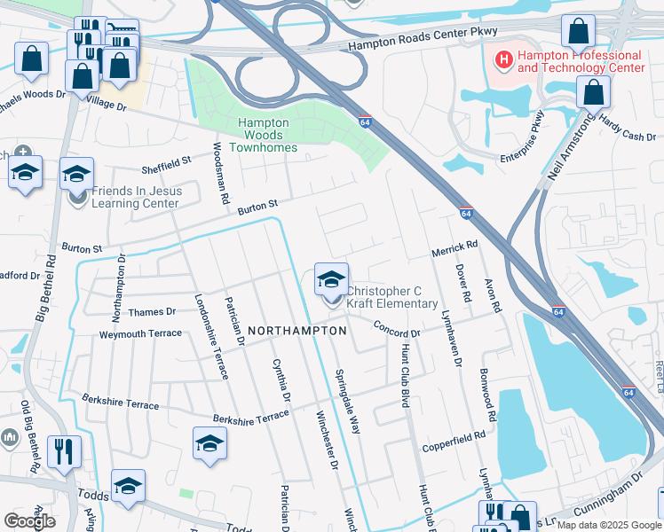 map of restaurants, bars, coffee shops, grocery stores, and more near 517 Dafia Drive in Hampton