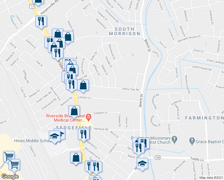 map of restaurants, bars, coffee shops, grocery stores, and more near 140 Henry Clay Road in Newport News