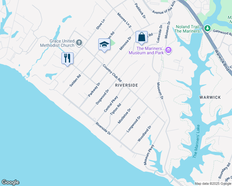 map of restaurants, bars, coffee shops, grocery stores, and more near 203 Central Parkway in Newport News