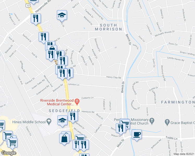 map of restaurants, bars, coffee shops, grocery stores, and more near 140 Henry Clay Road in Newport News