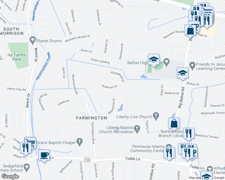 map of restaurants, bars, coffee shops, grocery stores, and more near 17 Ardmoor Drive in Hampton