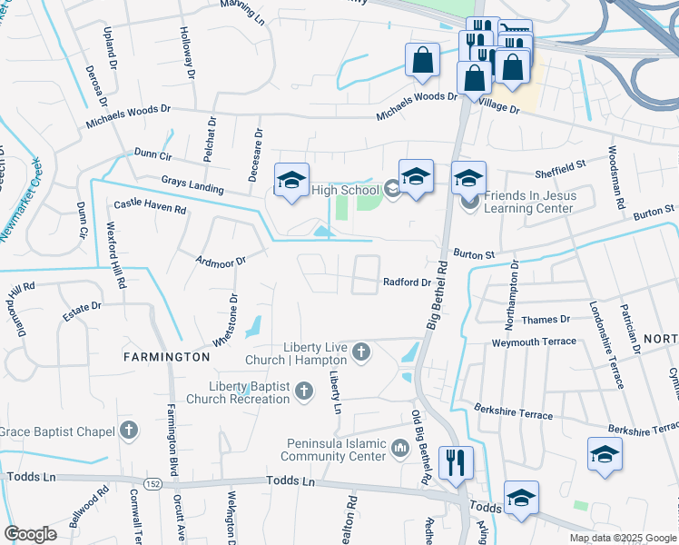 map of restaurants, bars, coffee shops, grocery stores, and more near 101 Maywood Drive in Hampton