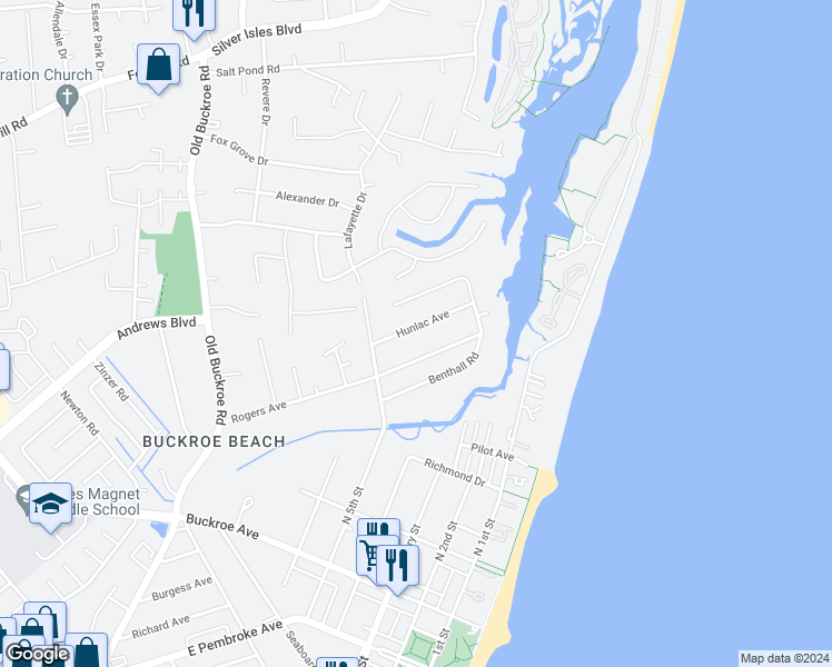 map of restaurants, bars, coffee shops, grocery stores, and more near 425 Hunlac Avenue in Hampton