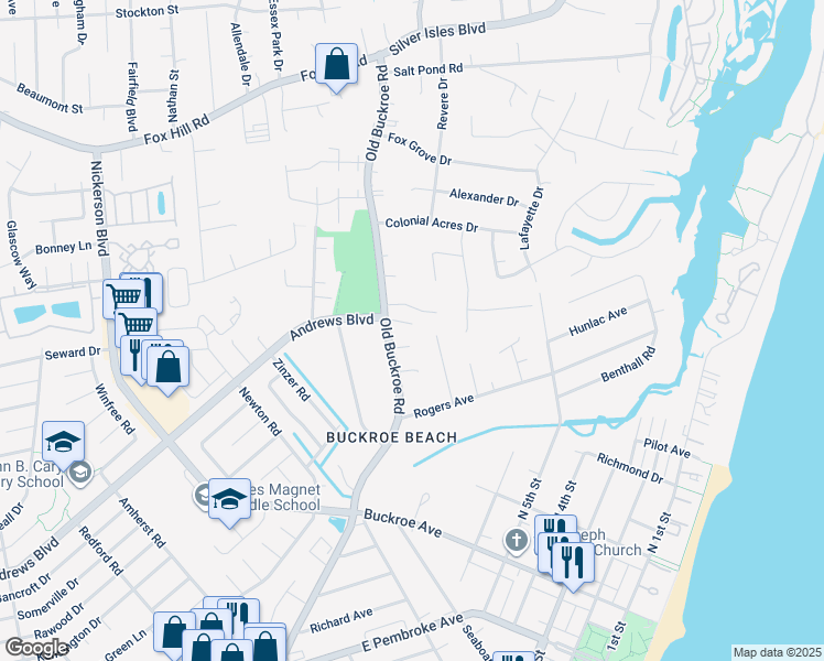 map of restaurants, bars, coffee shops, grocery stores, and more near 1688 Old Buckroe Road in Hampton