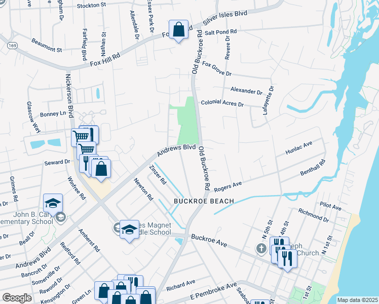 map of restaurants, bars, coffee shops, grocery stores, and more near 2418 Andrews Boulevard in Hampton