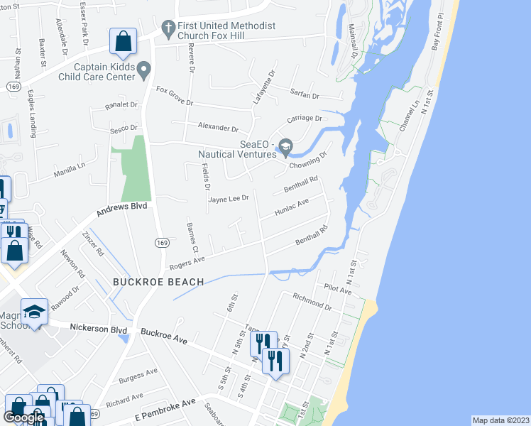 map of restaurants, bars, coffee shops, grocery stores, and more near 440 Hunlac Avenue in Hampton