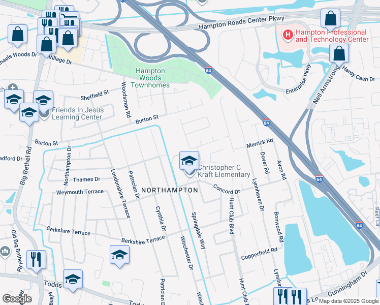 map of restaurants, bars, coffee shops, grocery stores, and more near 517 Dafia Drive in Hampton