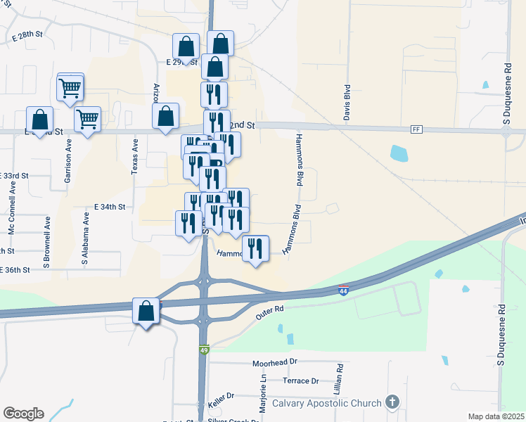 map of restaurants, bars, coffee shops, grocery stores, and more near 3536 Hammons Boulevard in Joplin