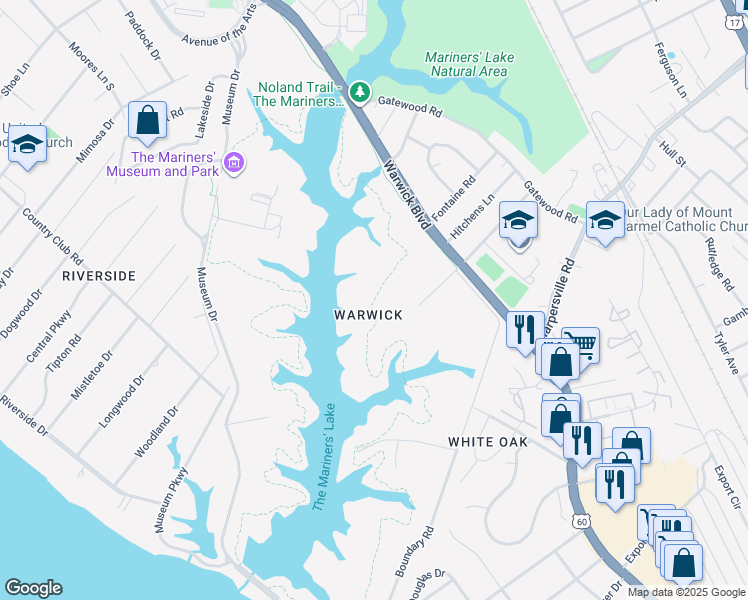 map of restaurants, bars, coffee shops, grocery stores, and more near The Noland Trail in Newport News