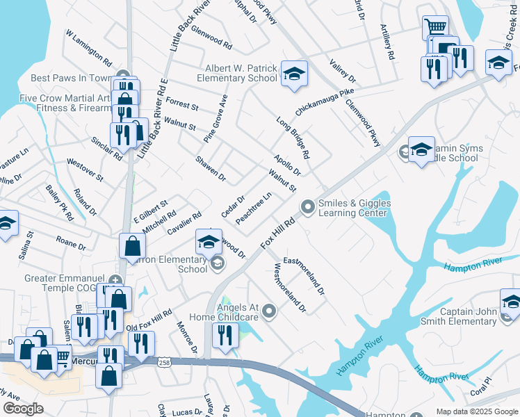 map of restaurants, bars, coffee shops, grocery stores, and more near 116 Peachtree Lane in Hampton