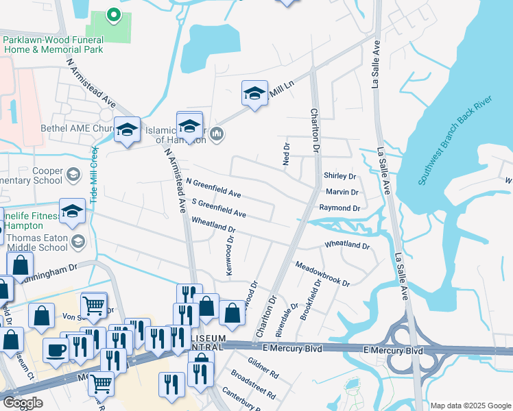 map of restaurants, bars, coffee shops, grocery stores, and more near 29 North Greenfield Avenue in Hampton