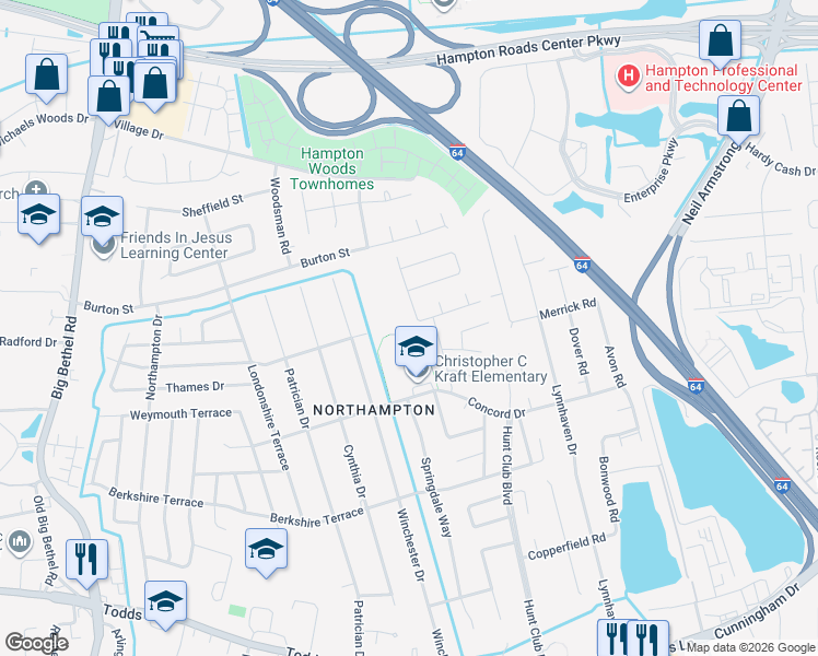map of restaurants, bars, coffee shops, grocery stores, and more near 523 Dafia Drive in Hampton