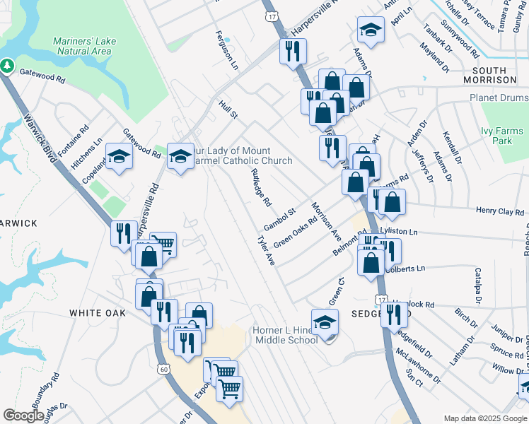 map of restaurants, bars, coffee shops, grocery stores, and more near 31 Rutledge Road in Newport News