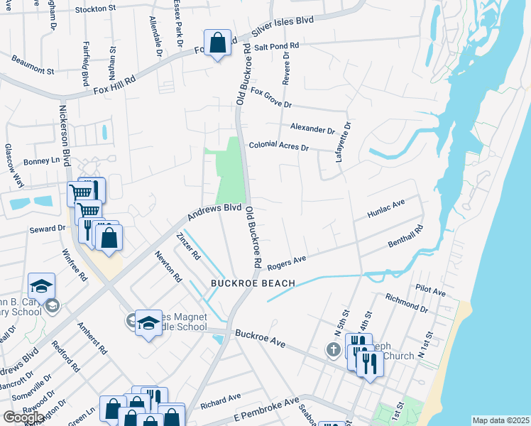 map of restaurants, bars, coffee shops, grocery stores, and more near 1688 Old Buckroe Road in Hampton