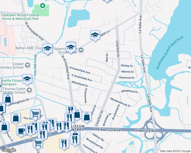 map of restaurants, bars, coffee shops, grocery stores, and more near 29 North Greenfield Avenue in Hampton