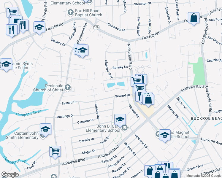 map of restaurants, bars, coffee shops, grocery stores, and more near 148 Loch Circle in Hampton