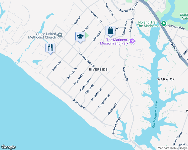 map of restaurants, bars, coffee shops, grocery stores, and more near 204 Central Parkway in Newport News