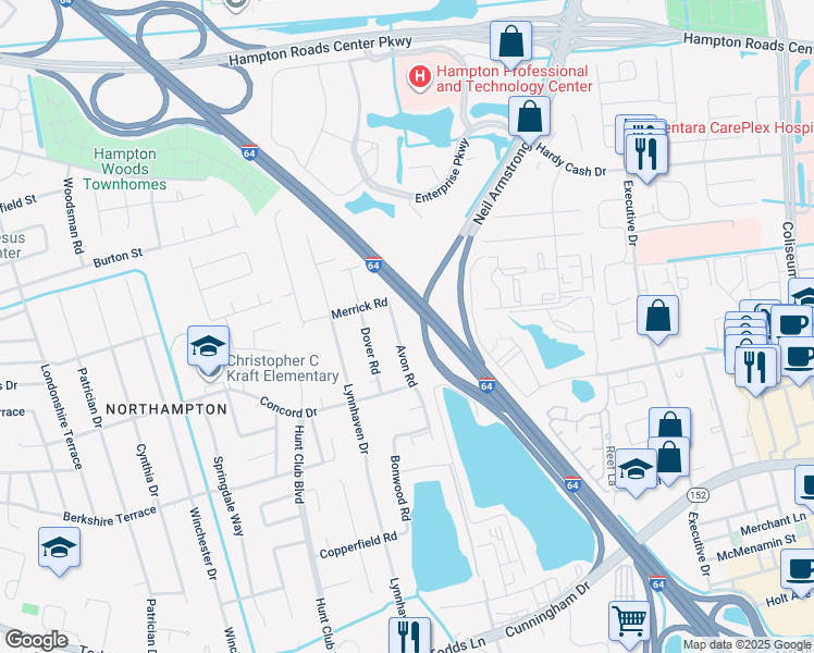 map of restaurants, bars, coffee shops, grocery stores, and more near 218 Avon Road in Hampton