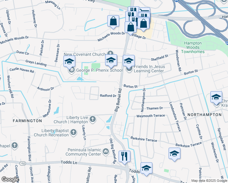 map of restaurants, bars, coffee shops, grocery stores, and more near 1049 Big Bethel Road in Hampton